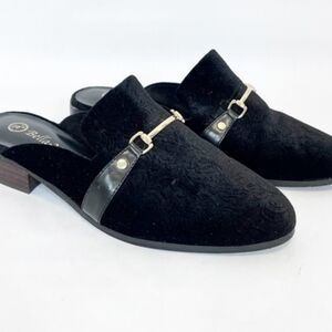 Bella Vita II Embossed Velvet Black Slip-On Mules With gold accents